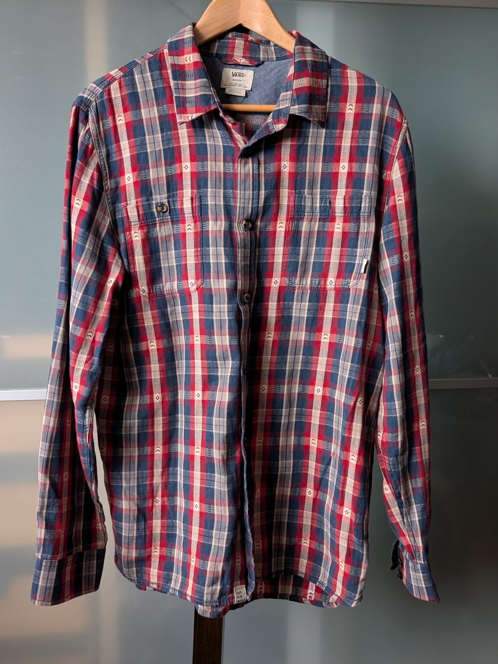 Vans Men’s Red and Blue Plaid Button-Down Off The Wall Shirt - Medium